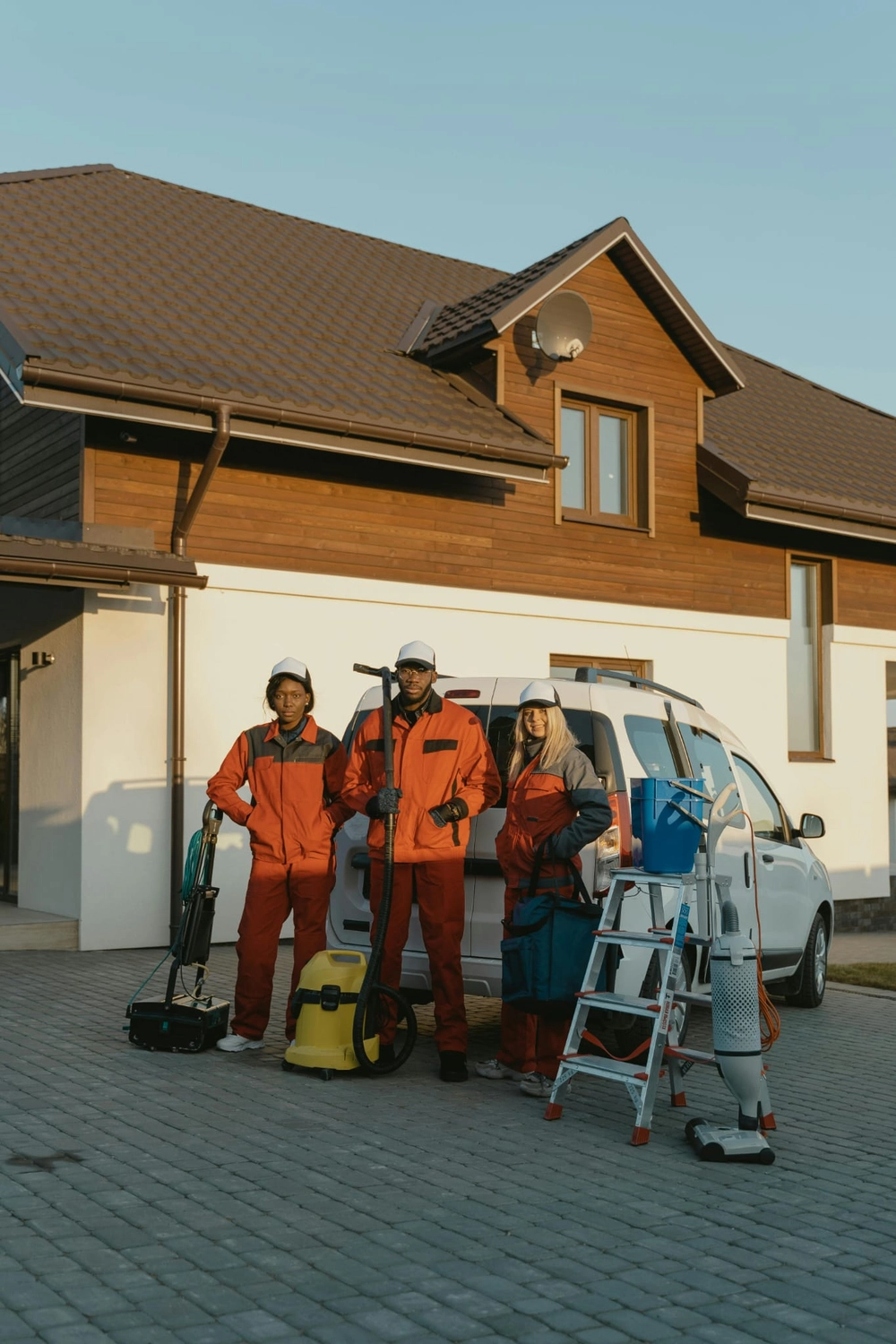 R&O Facilityservice – Drei Reinigungskräfte in orangefarbenen Uniformen stehen vor einem Haus, neben ihrem Transporter liegen Staubsauger, eine Leiter und Reinigungsutensilien.