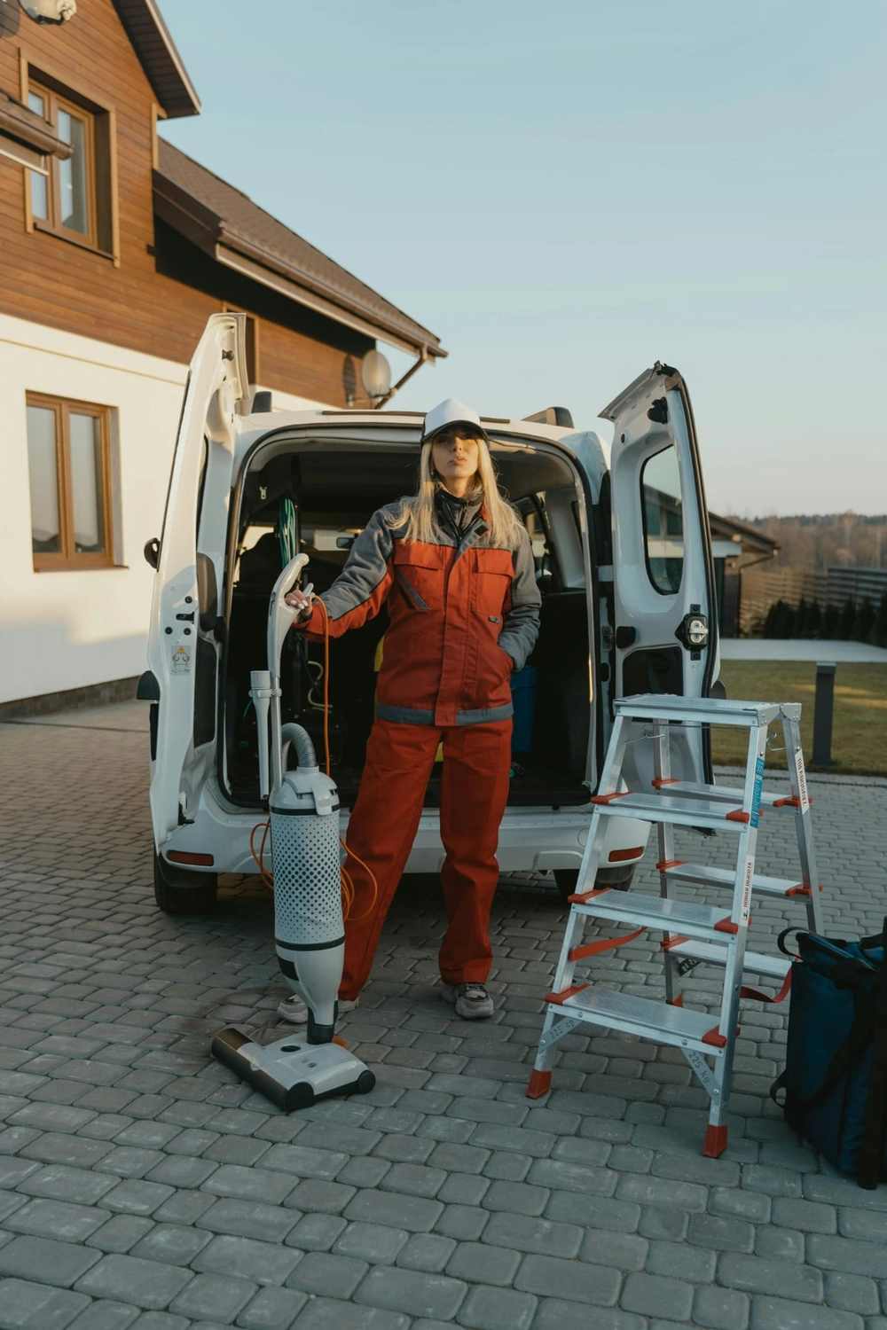 R&O Facilityservice – Eine Frau in einem roten Overall steht neben einem Transporter mit Reinigungsgeräten, einem Staubsauger und einer Leiter, bereit für den Einsatz.