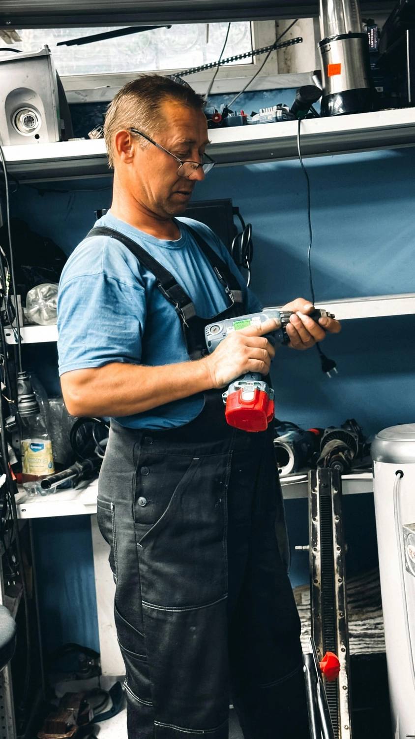 R&O Facilityservice – Ein Mann in Overalls und einem blauen Hemd untersucht in einer vollgestopften Werkstatt einen Akku-Bohrer.