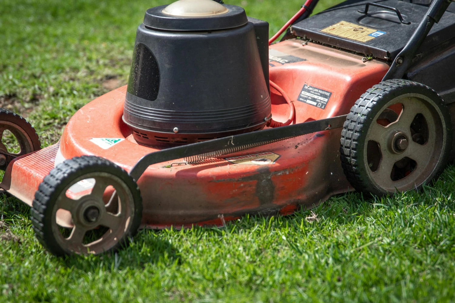 R&O Facilityservice – Nahaufnahme eines roten Handrasenmähers auf grünem Rasen.