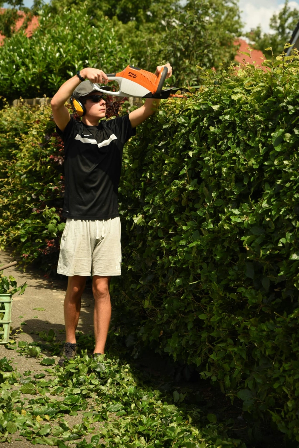 R&O Facilityservice – Eine Person in schwarzem Hemd und Shorts schneidet an einem sonnigen Tag mit einer orangefarbenen Heckenschere eine hohe grüne Hecke.
